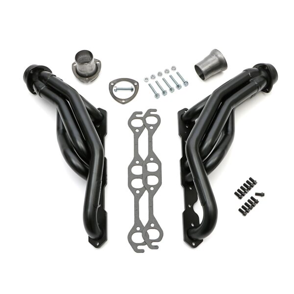 HEDMAN HEDDERS; MID-LENGTH HEADERS WITHOUT Y-PIPE FOR 1988-98 5.0L-5.7L CHEVY/GMC 1500-2500 (1/2 and 3/4 TON) PICKUP TRUCKS & SUVS, 2WD & 4WD MODELS; 1-5/8 IN. TUBE DIAMETER; 3 IN. BALL & SOCKET STYLE COLLECTOR; STANDARD-DUTY MILD-STEEL WITH BLACK-MAXX SATIN-BLACK CERAMIC-METALLIC FINISH