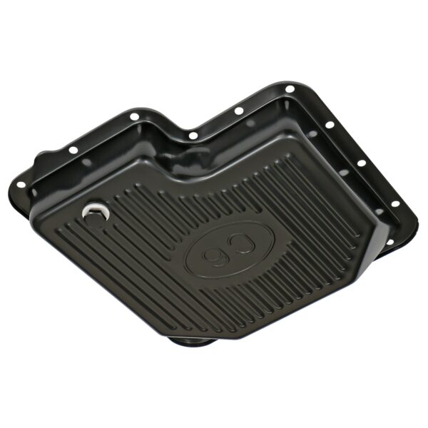 TRANS-DAPT PERFORMANCE PRODUCTS FORD C-6, BLACK STEEL TRANSMISSION PAN; STOCK CAPACITY; STOCK DEPTH; FINNED BOTTOM