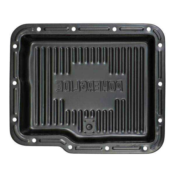 TRANS-DAPT PERFORMANCE PRODUCTS POWERGLIDE, BLACK STEEL TRANSMISSION PAN; STOCK CAPACITY; STOCK DEPTH; FINNED BOTTOM