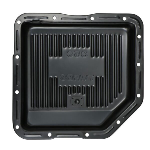 TRANS-DAPT PERFORMANCE PRODUCTS TH350, BLACK STEEL TRANSMISSION PAN; STOCK CAPACITY; STOCK DEPTH; FINNED BOTTOM
