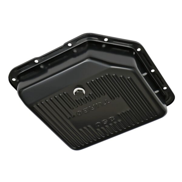TRANS-DAPT PERFORMANCE PRODUCTS TH350, BLACK STEEL TRANSMISSION PAN; EXTRA CAPACITY (2 QTS OVER STOCK); 3-1/2 IN. DEPTH; FINNED BOTTOM