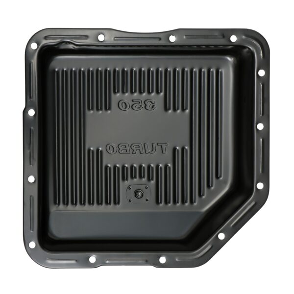 TRANS-DAPT PERFORMANCE PRODUCTS TH350, BLACK STEEL TRANSMISSION PAN; EXTRA CAPACITY (2 QTS OVER STOCK); 3-1/2 IN. DEPTH; FINNED BOTTOM