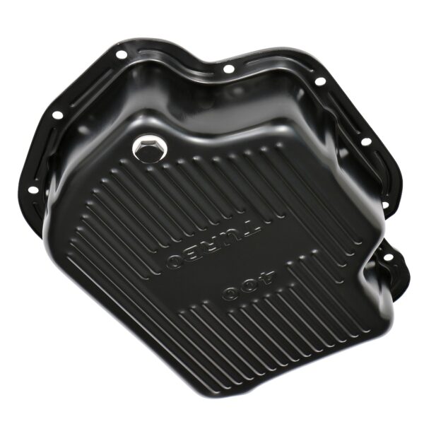 TRANS-DAPT PERFORMANCE PRODUCTS TH400, BLACK STEEL TRANSMISSION PAN; EXTRA CAPACITY (1-1/2 QTS OVER STOCK); 3 IN. DEPTH; FINNED BOTTOM