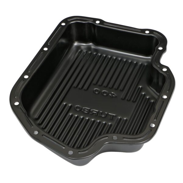 TRANS-DAPT PERFORMANCE PRODUCTS TH400, BLACK STEEL TRANSMISSION PAN; EXTRA CAPACITY (1-1/2 QTS OVER STOCK); 3 IN. DEPTH; FINNED BOTTOM