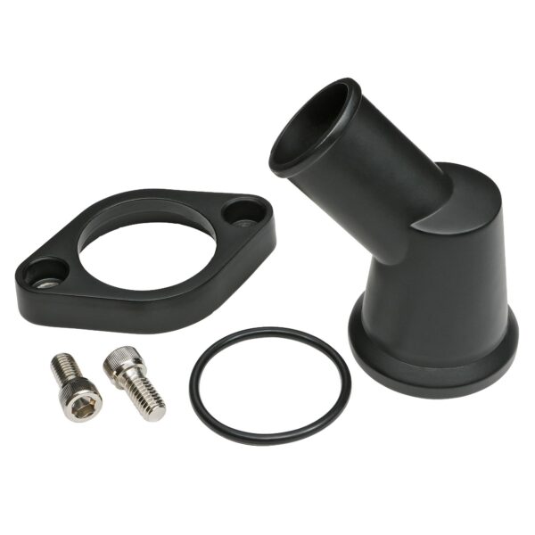 TRANS-DAPT PERFORMANCE PRODUCTS 45 DEGREE, SWIVEL STYLE WATER NECK; (O-RING SEAL); SB AND BB CHEVY V8- BLACK ALUMINUM