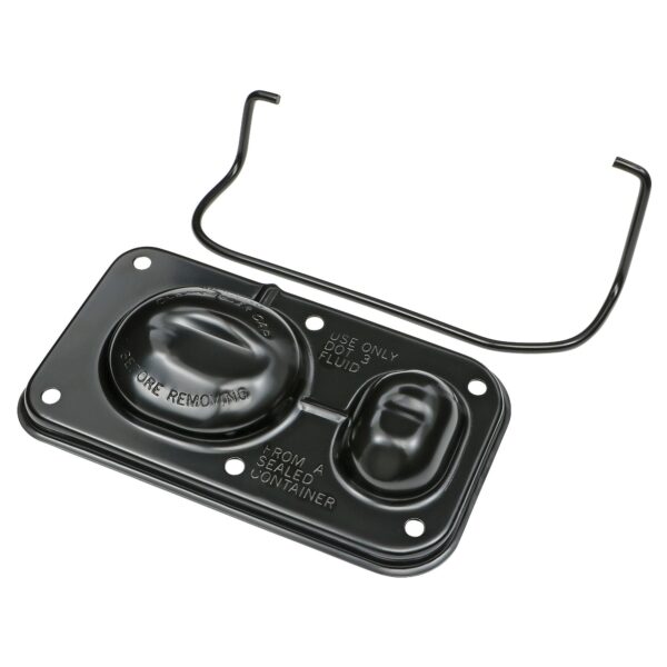 TRANS-DAPT PERFORMANCE PRODUCTS BRAKE MASTER CYLINDER COVER; EARLY GM(1967-80); 3 X 5-5/8 IN.; SINGLE BAIL- BLACK STEEL