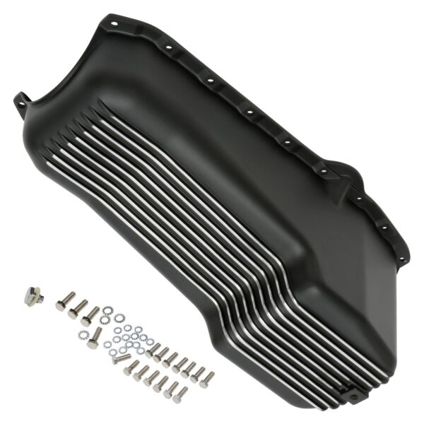 TRANS-DAPT PERFORMANCE PRODUCTS FINNED, BLACK ALUMINUM, OEM-STYLE OIL PAN; 4 QTS. CAPACITY; 1955-79 SB CHEVY 283-350
