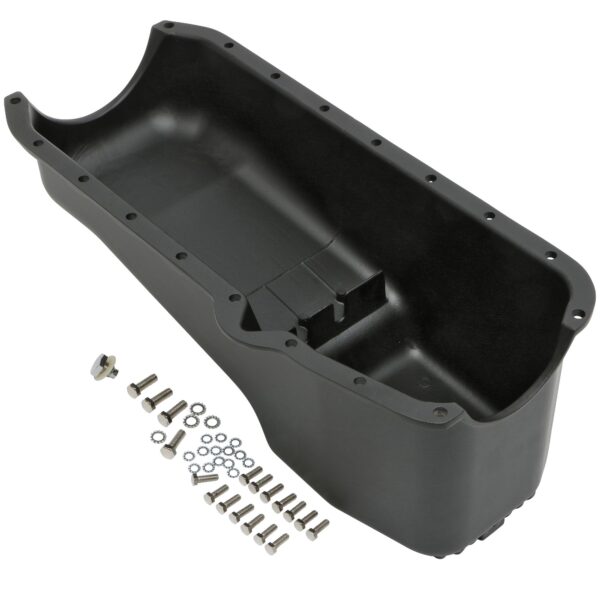 TRANS-DAPT PERFORMANCE PRODUCTS FINNED, BLACK ALUMINUM, OEM-STYLE OIL PAN; 4 QTS. CAPACITY; 1955-79 SB CHEVY 283-350