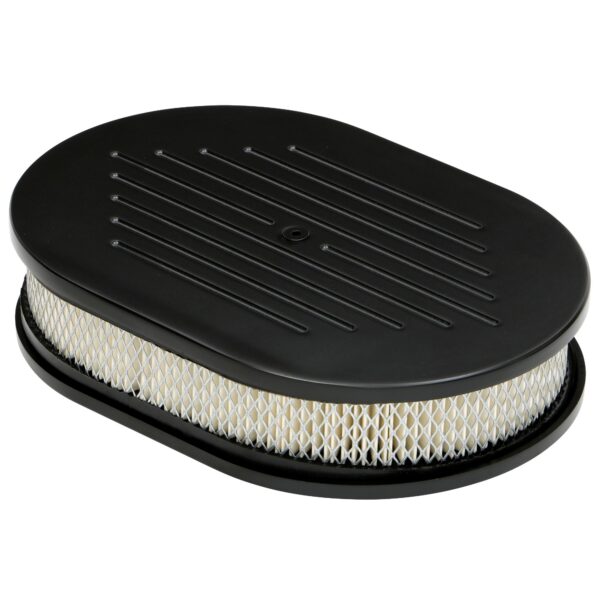 TRANS-DAPT PERFORMANCE PRODUCTS OVAL AIR CLEANER SET PINSTRIPE (BALL-MILLING); 8-3/8 IN. WIDTH, 12 IN. LENGTH; RAISED BASE- BLACK ALUMINUM