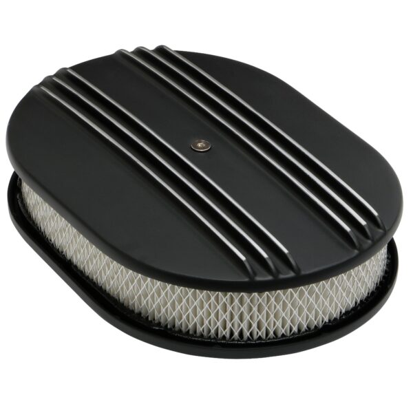 TRANS-DAPT PERFORMANCE PRODUCTS OVAL AIR CLEANER SET; PARTIALLY FINNED; 8-3/8 IN. WIDTH, 12 IN. LENGTH; RAISED BASE- BLACK ALUMINUM