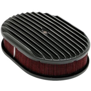 TRANS-DAPT PERFORMANCE PRODUCTS OVAL AIR CLEANER SET; FULL FINNED; 8-3/8 IN. WIDTH, 12 IN. LENGTH; RAISED BASE- BLACK ALUMINUM