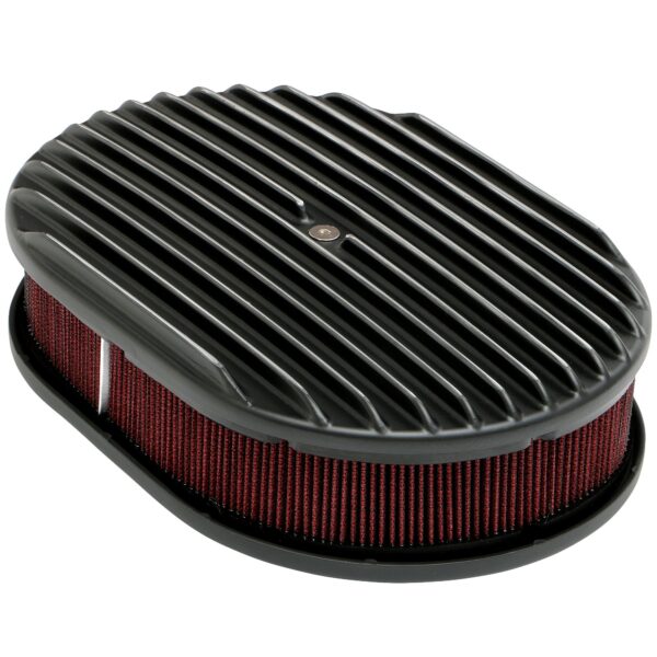 TRANS-DAPT PERFORMANCE PRODUCTS OVAL AIR CLEANER SET; FULL FINNED; 8-3/8 IN. WIDTH, 12 IN. LENGTH; RAISED BASE- BLACK ALUMINUM
