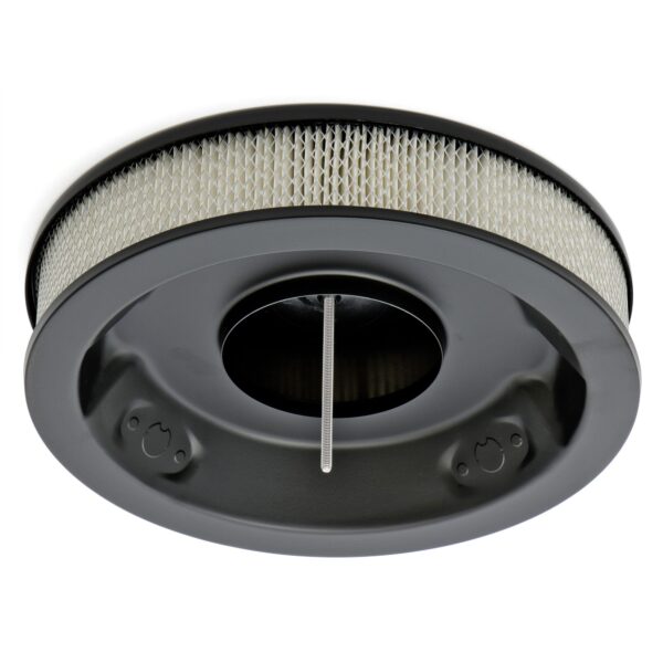 TRANS-DAPT PERFORMANCE PRODUCTS ROUND AIR CLEANER SET; PINSTRIPED (BALL-MILLING); 14 IN. DIAMETER, 3 IN. TALL; RECESSED BASE- BLACK ALUMINUM TOP/ BLACK STEEL BASE