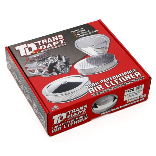 TRANS-DAPT PERFORMANCE PRODUCTS ROUND AIR CLEANER SET; PINSTRIPED (BALL-MILLING); 14 IN. DIAMETER, 3 IN. TALL; RECESSED BASE- BLACK ALUMINUM TOP/ BLACK STEEL BASE