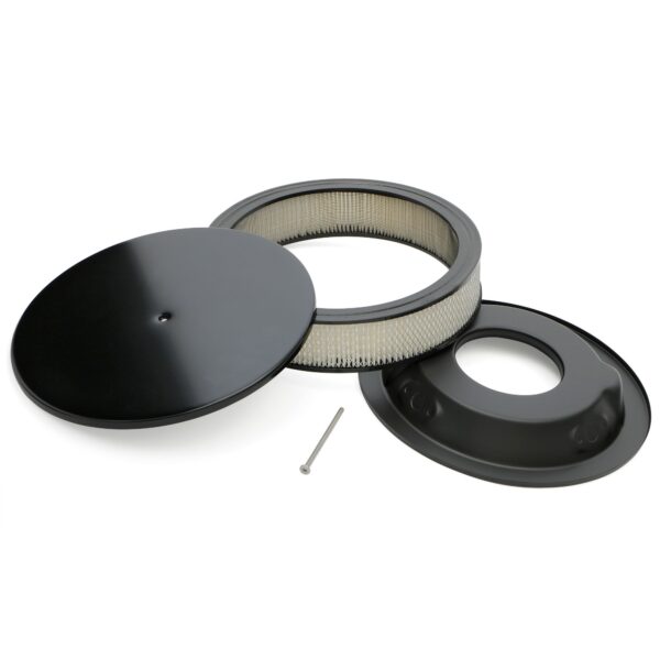 TRANS-DAPT PERFORMANCE PRODUCTS ROUND AIR CLEANER SET; SMOOTH ALUMINUM TOP; 14 IN. DIAMETER, 3 IN. TALL; RECESSED STEEL BASE- BLACK ALUMINUM/STEEL