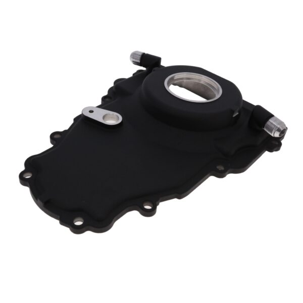 TSP GM LS 1-Piece Black Aluminum Timing Cover with Turbo Oil Drain Return and Cam Position Sensor Provision