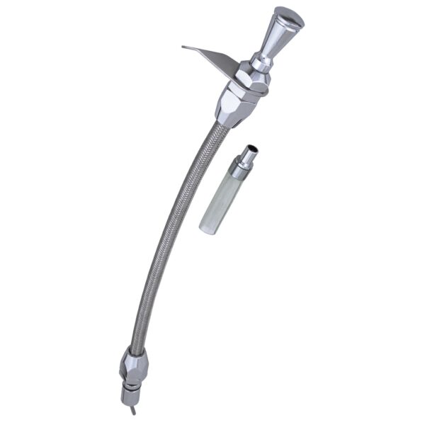 TRANS-DAPT PERFORMANCE PRODUCTS ALUMINUM TRANSMISSION DIPSTICKS WITH 16.5 IN. BRAIDED TUBE; FOR PUSH-IN STYLE GM TH-400 TRANSMISSIONS.