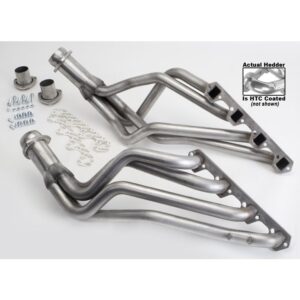1964-73 MUSTANG 260-302 (factory 351W); 1966-73 FALCON, COUGAR, MAVERICK, RANCHERO, COMET, FAIRLANE, MONTEGO, TORINO; 260-302W; 1-5/8 in. LONG TUBE DESIGN; 3 in. BALL COLLECTOR- T304 STAINLESS STEEL, HTC POLISHED-SILVER CERAMIC COATED