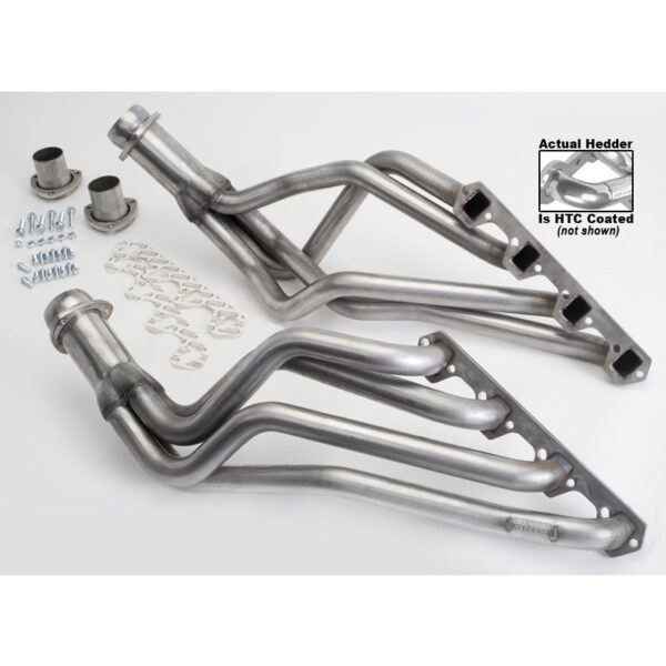 1964-73 MUSTANG 260-302 (factory 351W); 1966-73 FALCON, COUGAR, MAVERICK, RANCHERO, COMET, FAIRLANE, MONTEGO, TORINO; 260-302W; 1-5/8 in. LONG TUBE DESIGN; 3 in. BALL COLLECTOR- T304 STAINLESS STEEL, HTC POLISHED-SILVER CERAMIC COATED