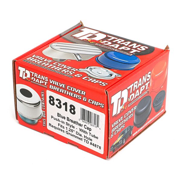 TRANS-DAPT PERFORMANCE PRODUCTS PUSH-IN STYLE BREATHER CAP WITH TUBE (WITHOUT GROMMET); 2-3/4 IN. OVERALL DIAMETER - FORD BLUE POWDER COATED