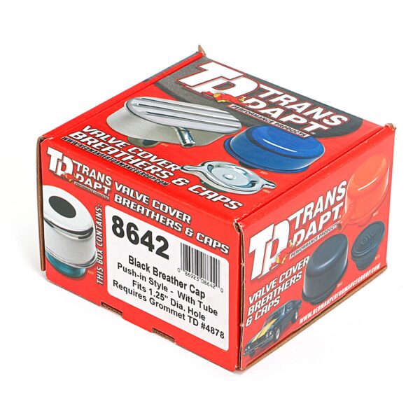TRANS-DAPT PERFORMANCE PRODUCTS PUSH-IN STYLE BREATHER CAP WITH TUBE (WITHOUT GROMMET); 2-3/4 IN. OVERALL DIAMETER - ASPHALT BLACK POWDER COATED