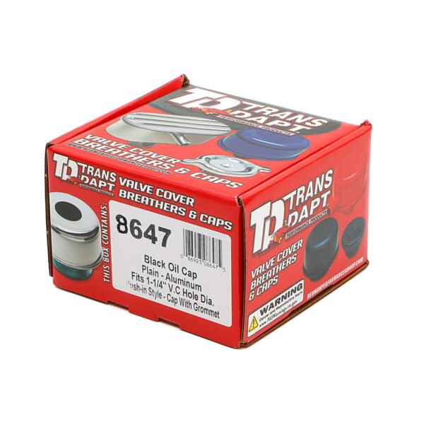 TRANS-DAPT PERFORMANCE PRODUCTS PUSH-IN STYLE OIL CAP; 1-1/4 IN. NECK- ASPHALT BLACK POWDER COATED (ALUMINUM)