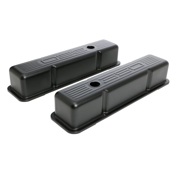 TRANS-DAPT PERFORMANCE PRODUCTS CHEVY 350 LOGO TALL ASPHALT BLACK POWDER COATED VALVE COVERS