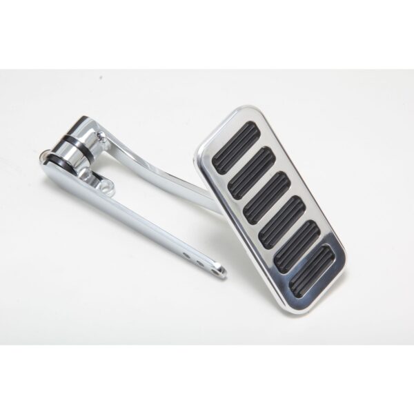 TRANS-DAPT PERFORMANCE PRODUCTS FIREWALL MOUNT GAS PEDAL WITH 6 HORIZONTAL RUBBER INSERTS; 4-1/4 IN. X 2 IN. RECTANGULAR PEDAL- POLISHED ALUMINUM WITH CHROME/STEEL ARM