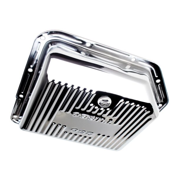 TRANS-DAPT PERFORMANCE PRODUCTS TH350- CHROME TRANSMISSION PAN; STOCK CAPACITY; STOCK DEPTH; FINNED BOTTOM