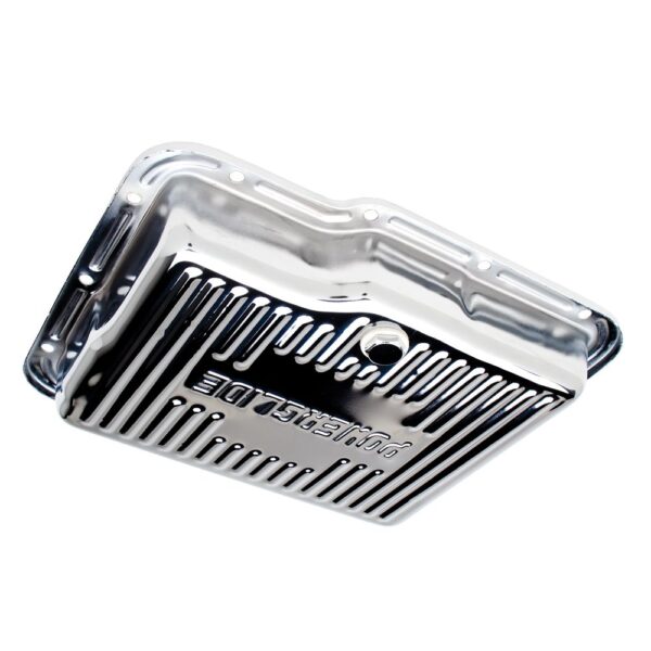 TRANS-DAPT PERFORMANCE PRODUCTS POWERGLIDE- CHROME TRANSMISSION PAN; STOCK CAPACITY; STOCK DEPTH; FINNED BOTTOM