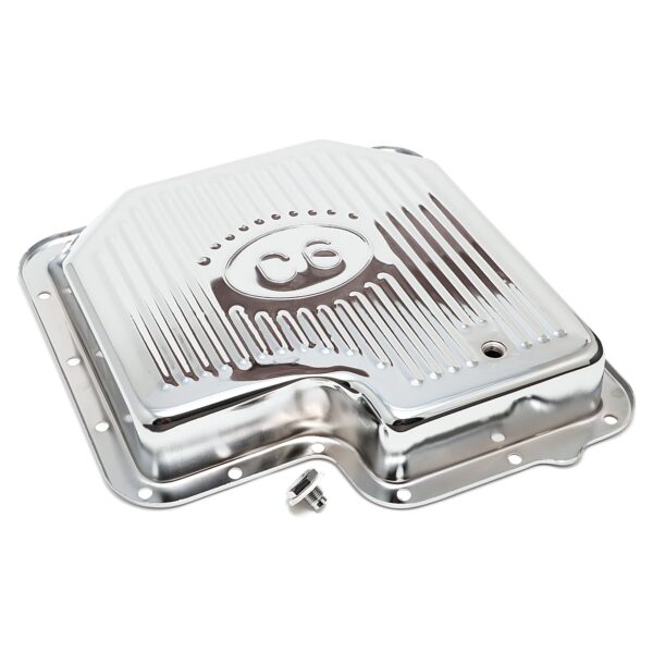 TRANS-DAPT PERFORMANCE PRODUCTS FORD C-6- CHROME TRANSMISSION PAN; STOCK CAPACITY; STOCK DEPTH; FINNED BOTTOM