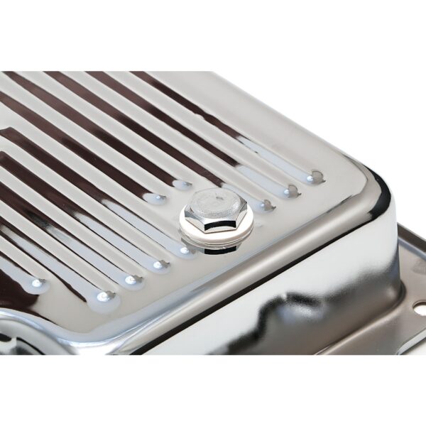 TRANS-DAPT PERFORMANCE PRODUCTS FORD C-6- CHROME TRANSMISSION PAN; STOCK CAPACITY; STOCK DEPTH; FINNED BOTTOM