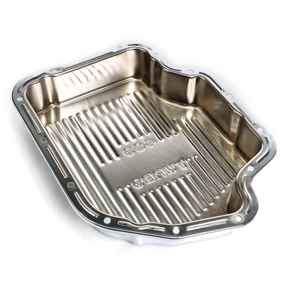 TRANS-DAPT PERFORMANCE PRODUCTS TH400- CHROME TRANSMISSION PAN; EXTRA CAPACITY (1-1/2 QTS OVER STOCK); 3 IN. DEPTH; FINNED BOTTOM