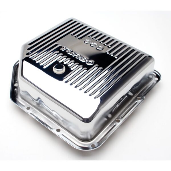TRANS-DAPT PERFORMANCE PRODUCTS TH350- CHROME TRANSMISSION PAN; EXTRA CAPACITY (2 QTS OVER STOCK); 3-1/2 IN. DEPTH; FINNED BOTTOM