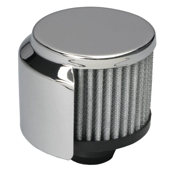 TRANS-DAPT PERFORMANCE PRODUCTS 3 IN. TALL PUSH-IN STYLE BREATHER WITH HOOD; OPEN COTTON FILTER ELEMENT; 1-1/4 IN. HOLE- CHROME