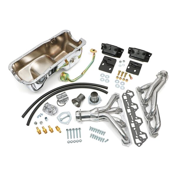 TRANS-DAPT PERFORMANCE PRODUCTS ENGINE SWAP IN A BOX KIT; INSTALLS SB FORD (260-302W) IN '83-97 FORD RANGER; 1-1/2 IN. MID-LENGTH TUBE HEADERS; 2-1/2 IN. BALL/SOCKET COLLECTOR; INCLUDES HEADERS, OIL PAN, ENGINE MOUNTS- HTC SILVER CERAMIC HEADERS