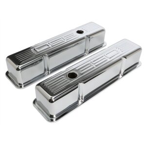 TRANS-DAPT PERFORMANCE PRODUCTS 350 IN. C.I.D. LOGO DESIGN VALVE COVERS; TALL; 1958-1986 SB CHEVY 350- CHROME