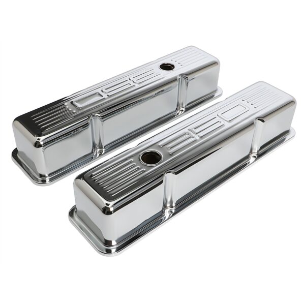 TRANS-DAPT PERFORMANCE PRODUCTS 350 IN. C.I.D. LOGO DESIGN VALVE COVERS; TALL; 1958-1986 SB CHEVY 350- CHROME