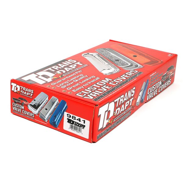 TRANS-DAPT PERFORMANCE PRODUCTS 350 IN. C.I.D. LOGO DESIGN VALVE COVERS; TALL; 1958-1986 SB CHEVY 350- CHROME