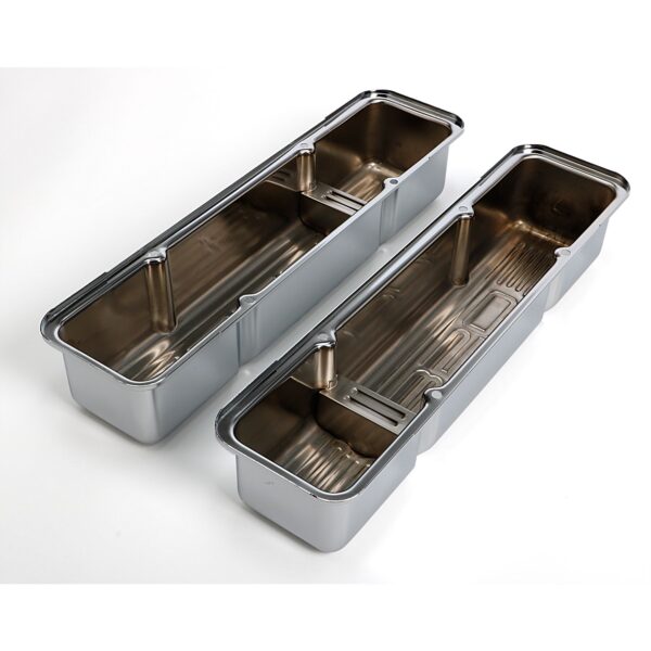 TRANS-DAPT PERFORMANCE PRODUCTS 350 IN. C.I.D. LOGO DESIGN VALVE COVERS; TALL; 1958-1986 SB CHEVY 350- CHROME