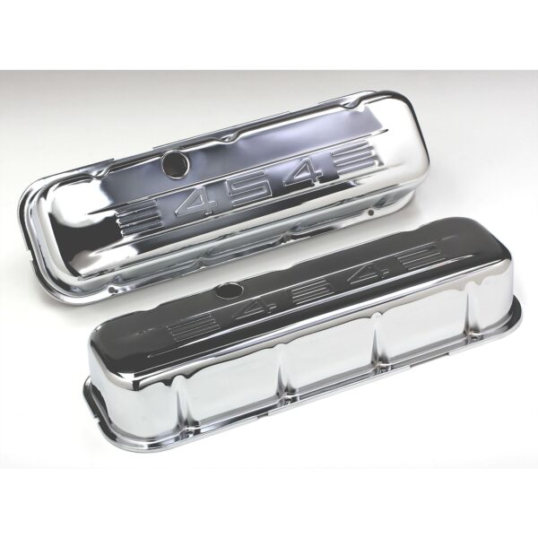 TRANS-DAPT PERFORMANCE PRODUCTS 454 IN. C.I.D. LOGO DESIGN VALVE COVERS; TALL; 1965-2000 BB CHEVY 454- CHROME