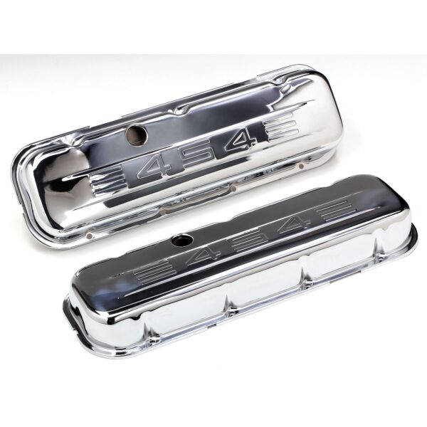 TRANS-DAPT PERFORMANCE PRODUCTS 454 IN. C.I.D. LOGO DESIGN VALVE COVERS; SHORT; 1965-2000 BB CHEVY 454- CHROME