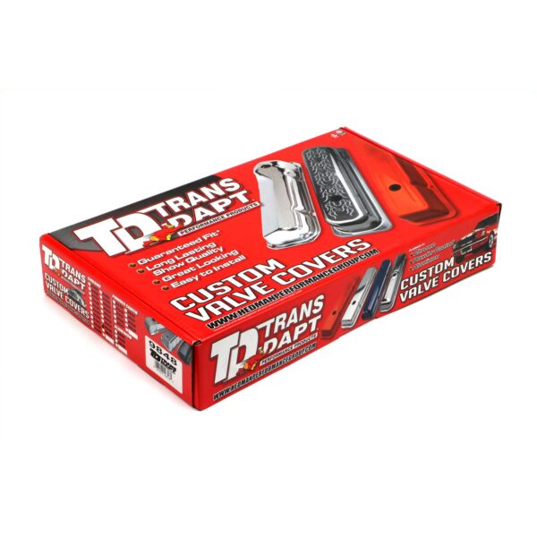 TRANS-DAPT PERFORMANCE PRODUCTS 502 IN. C.I.D. LOGO DESIGN VALVE COVERS; SHORT; 1965-2000 BB CHEVY 502- CHROME