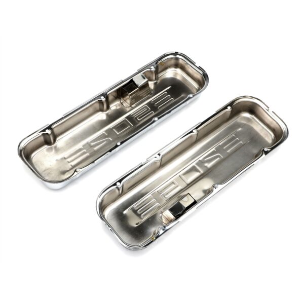 TRANS-DAPT PERFORMANCE PRODUCTS 502 IN. C.I.D. LOGO DESIGN VALVE COVERS; SHORT; 1965-2000 BB CHEVY 502- CHROME