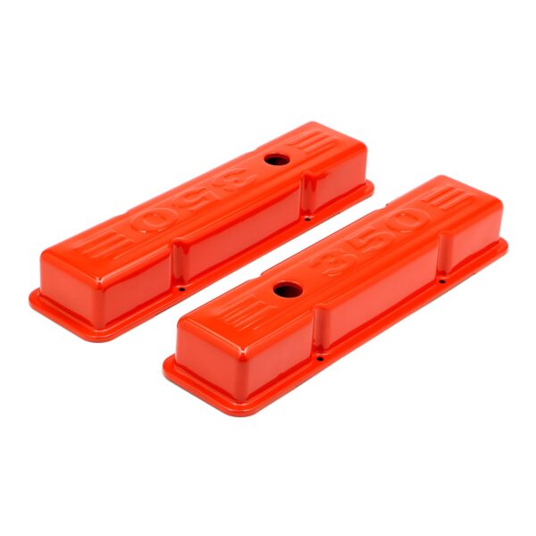 TRANS-DAPT PERFORMANCE PRODUCTS CHEVY 350 LOGO SHORT ORANGE POWDER COATED VALVE COVERS