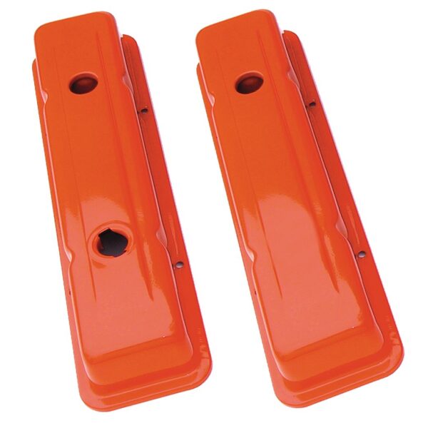 TRANS-DAPT PERFORMANCE PRODUCTS O.E.M REPRODUCTION STYLE VALVE COVERS; SHORT; 1958-86 SB CHEVY- CHEVY ORANGE POWDER COATED