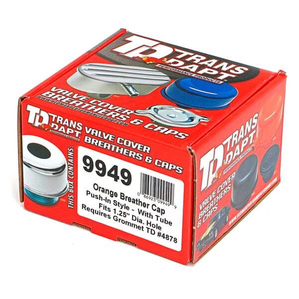 TRANS-DAPT PERFORMANCE PRODUCTS PUSH-IN STYLE BREATHER CAP WITH TUBE (WITHOUT GROMMET); 2-3/4 IN. OVERALL DIAMETER - CHEVY ORANGE POWDER COATED