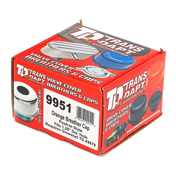 TRANS-DAPT PERFORMANCE PRODUCTS PUSH-IN STYLE BREATHER CAP ONLY (WITHOUT GROMMET); 2-3/4 IN. OVERALL DIAMETER - CHEVY ORANGE POWDER COATED