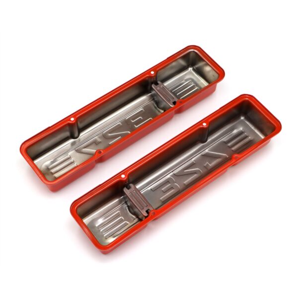 TRANS-DAPT PERFORMANCE PRODUCTS CHEVY 327 LOGO SHORT ORANGE POWDER COATED VALVE COVERS