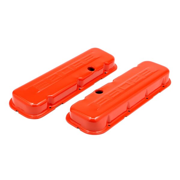 TRANS-DAPT PERFORMANCE PRODUCTS CHEVY 502 LOGO SHORT ORANGE POWDER COATED VALVE COVERS